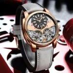 Herrenuhr Automatik für Herren Gold Stahlgehäuse Skelettzifferblatt Braun Lederband – Bild 3