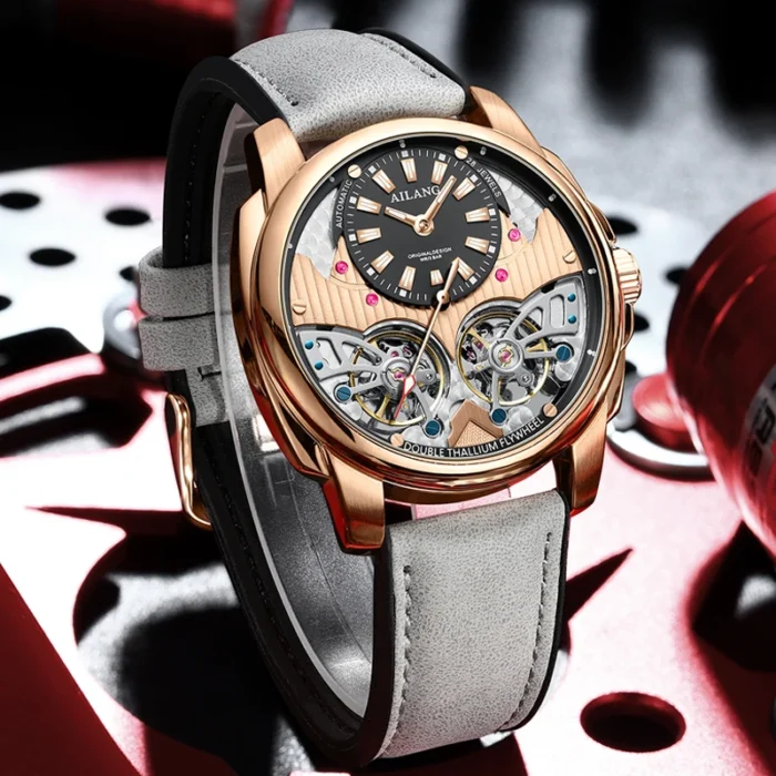 Herrenuhr Automatik für Herren Gold Stahlgehäuse Skelettzifferblatt Braun Lederband – Bild 3