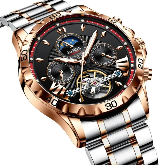 kf-S2948b70ea4e64afc87925c63533ac52as.webp Herren Automatik Uhr für Herren Edelstahl Schwarz Mineralglas Mondphase Datum Kalenderwoche – Bild 1