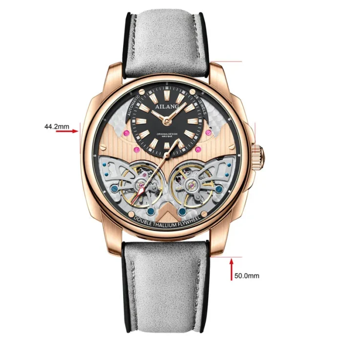 Herrenuhr Automatik für Herren Gold Stahlgehäuse Skelettzifferblatt Braun Lederband – Bild 6