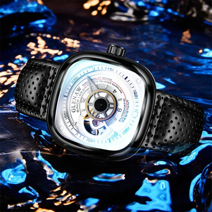 Herren Armbanduhr Automatik Skelett für alle Modelle Edelstahl Kunstlederband wassergeschützt – Bild 4