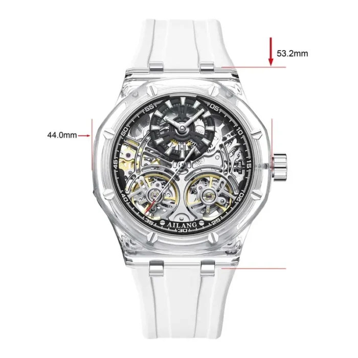 Mechanische Herrenuhr für Herren Automatik Transparentes Gehäuse Schwarz Weiß Gummiarmband – Bild 6