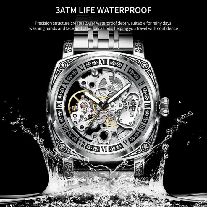 Automatikuhr Herren Skelett 42mm Metallgehäuse Lederband Mineralglas 3ATM – Bild 3