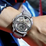 Herrenuhr Automatik für Herren Gold Stahlgehäuse Skelettzifferblatt Braun Lederband – Bild 4