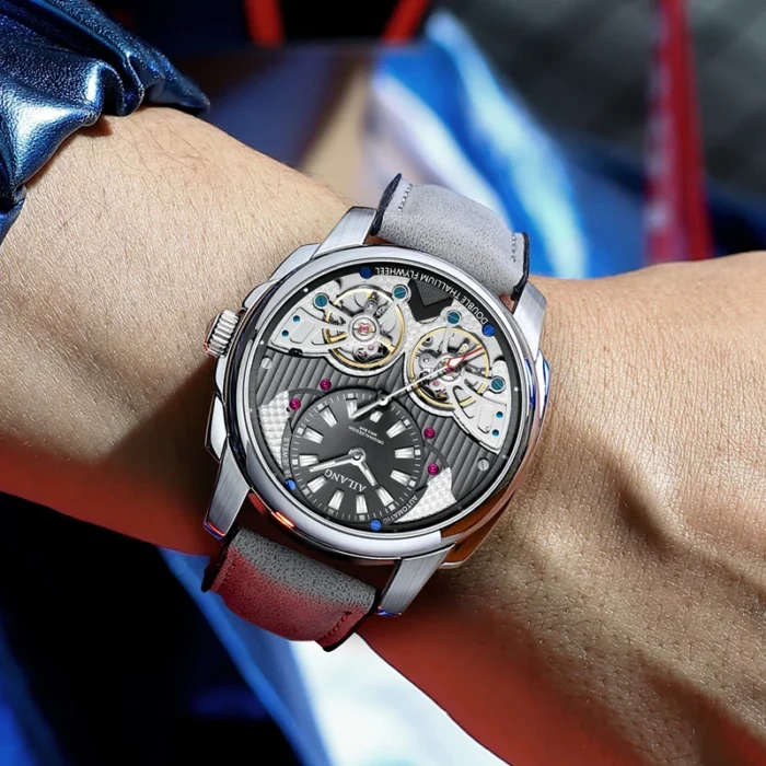 Herrenuhr Automatik für Herren Gold Stahlgehäuse Skelettzifferblatt Braun Lederband – Bild 4