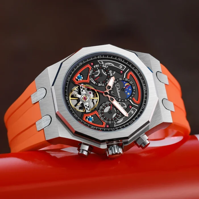 Herren Sportuhr Armbanduhr Automatik Edelstahl Gummi Band 43mm Schwarz Datum 3 atm – Bild 3