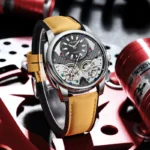 Herrenuhr Automatik für Herren Gold Stahlgehäuse Skelettzifferblatt Braun Lederband – Bild 5