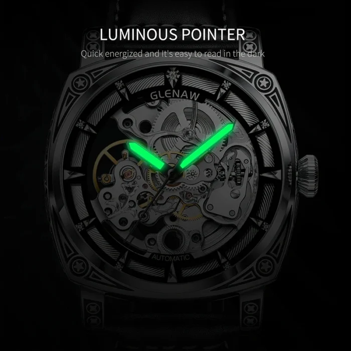 Herrenuhr Skelett Automatik mechanisch Edelstahl Mineralglas Kunstlederband 3ATM – Bild 5