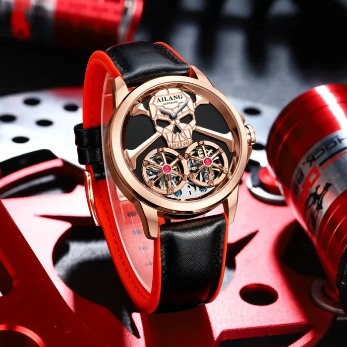 Herren Automatik Skelettuhr Armbanduhr Totenkopf Punk Schwarz Gelb Armband – Bild 5