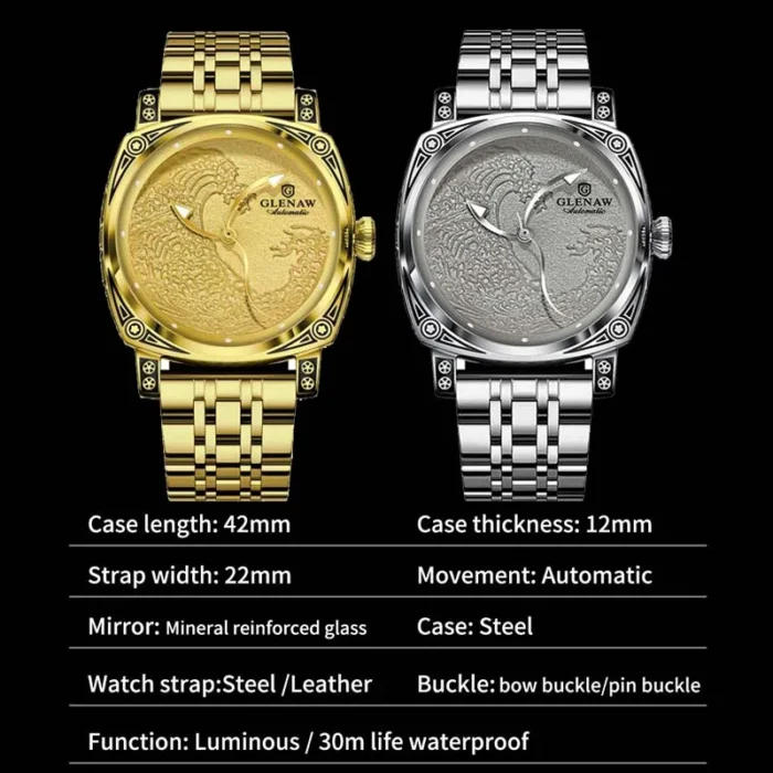 Armbanduhr für Herren Automatik Skelettuhr Edelstahl Leuchtzeiger Mineralglas 42mm – Bild 5