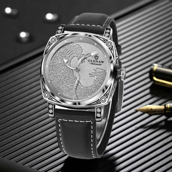 Armbanduhr für Herren Automatik Skelettuhr Edelstahl Leuchtzeiger Mineralglas 42mm – Bild 2