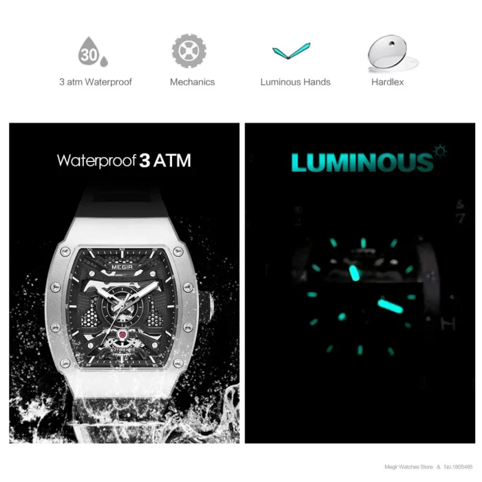 Automatik Herrenuhr Skelett Edelstahlgehäuse Silikonband Leuchtzeiger – Bild 5