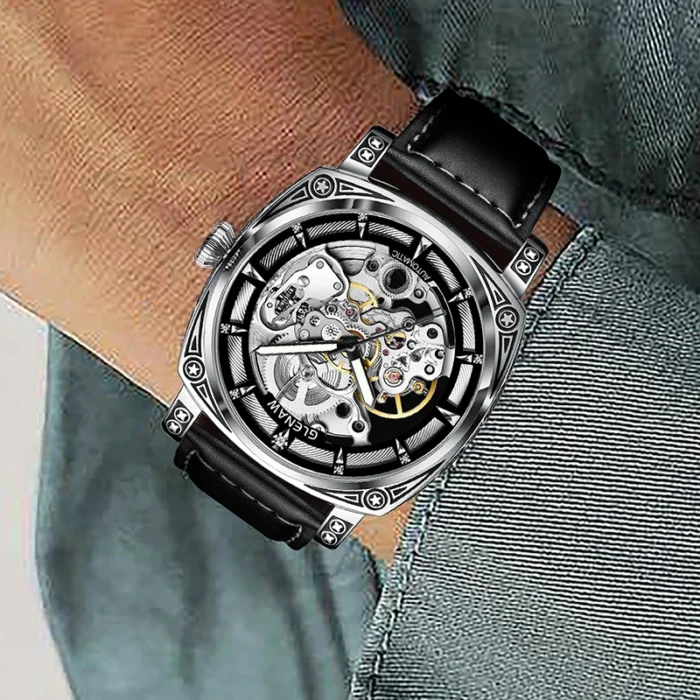 Herrenuhr Skelett Automatik mechanisch Edelstahl Mineralglas Kunstlederband 3ATM – Bild 4