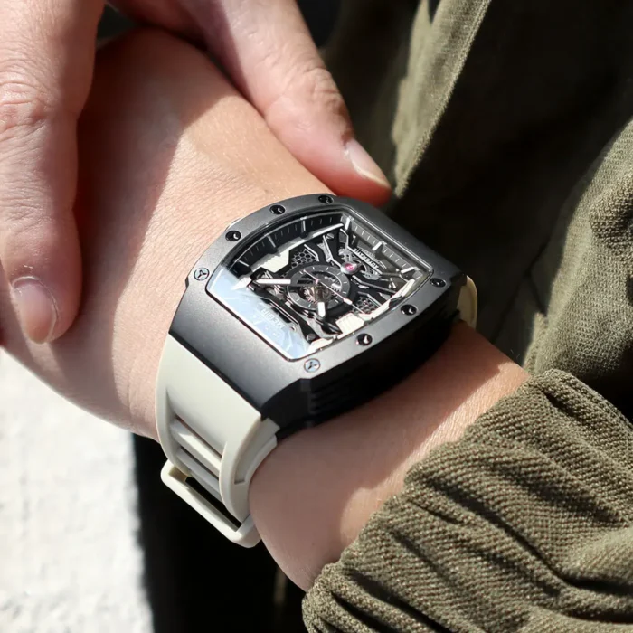 Automatik Herrenuhr Skelett Edelstahlgehäuse Silikonband Leuchtzeiger – Bild 4