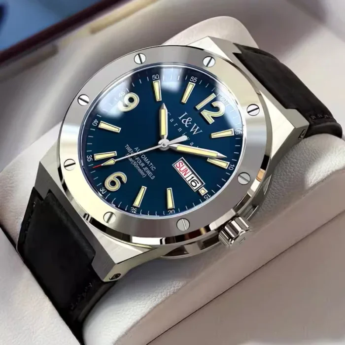 kf-S99e5a419b0f14c53b5ef59e0ac437cb6h.webp Automatische Herrenuhr für Herren Edelstahl Kunstlederband Datumsanzeige Leuchtindizes 50m – Bild 1