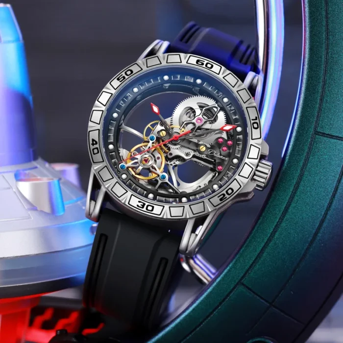 Herrenuhr Automatik Skelettuhr Edelstahl Gummiarmband Leuchtzeiger 44 mm – Bild 2