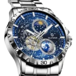 Automatikuhr Herren für Herren Edelstahl 43mm Lederoptik Sternenhimmel Drehende Erdkugel