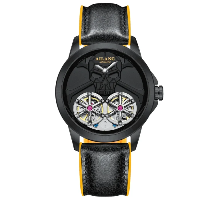 Herren Automatik Skelettuhr Armbanduhr Totenkopf Punk Schwarz Gelb Armband – Bild 2