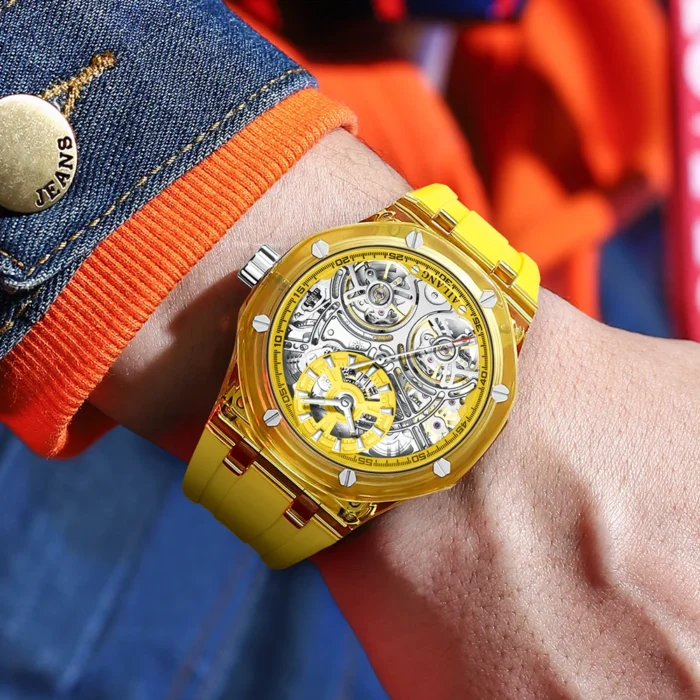 Mechanische Herrenuhr für Herren Automatik Transparentes Gehäuse Schwarz Weiß Gummiarmband – Bild 3