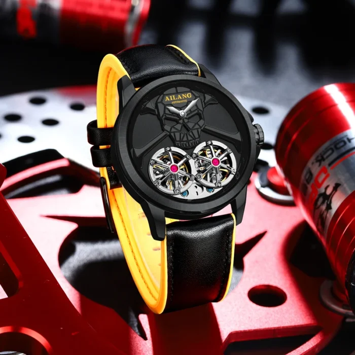 Herren Automatik Skelettuhr Armbanduhr Totenkopf Punk Schwarz Gelb Armband – Bild 3