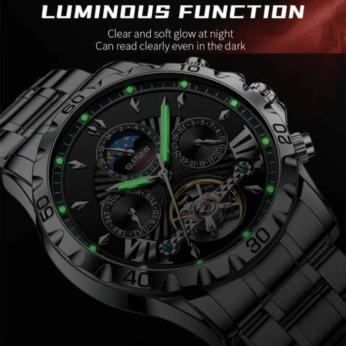 Herren Automatik Uhr für Herren Edelstahl Schwarz Mineralglas Mondphase Datum Kalenderwoche – Bild 5