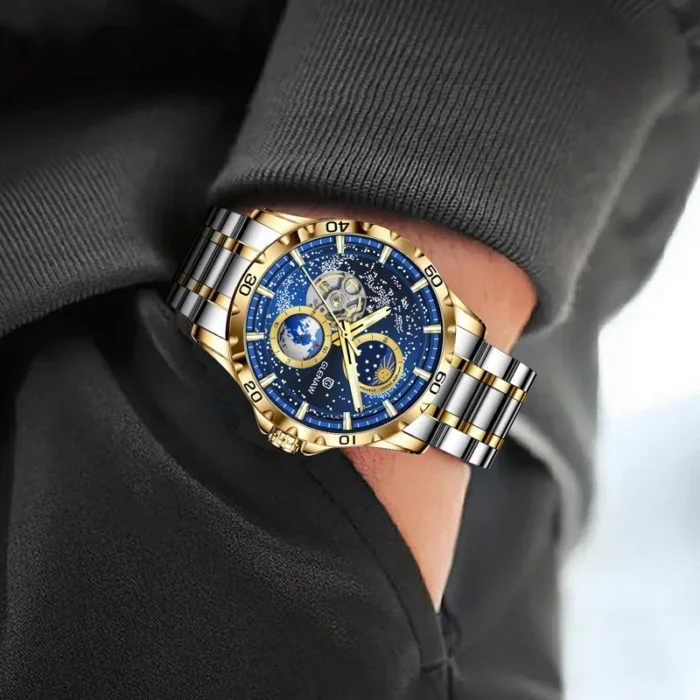 Herrenuhr Automatik Skelettuhr Mondphase Leuchtzeiger Edelstahl 43mm 30m – Bild 3