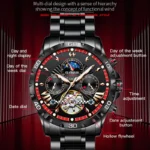 Herren Automatik Uhr für Herren Edelstahl Schwarz Mineralglas Mondphase Datum Kalenderwoche – Bild 6