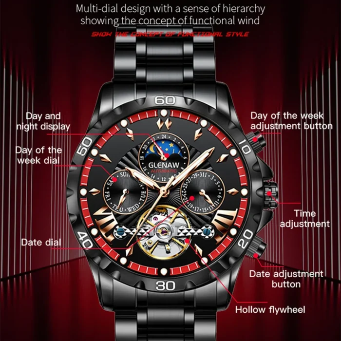 Herren Automatik Uhr für Herren Edelstahl Schwarz Mineralglas Mondphase Datum Kalenderwoche – Bild 6