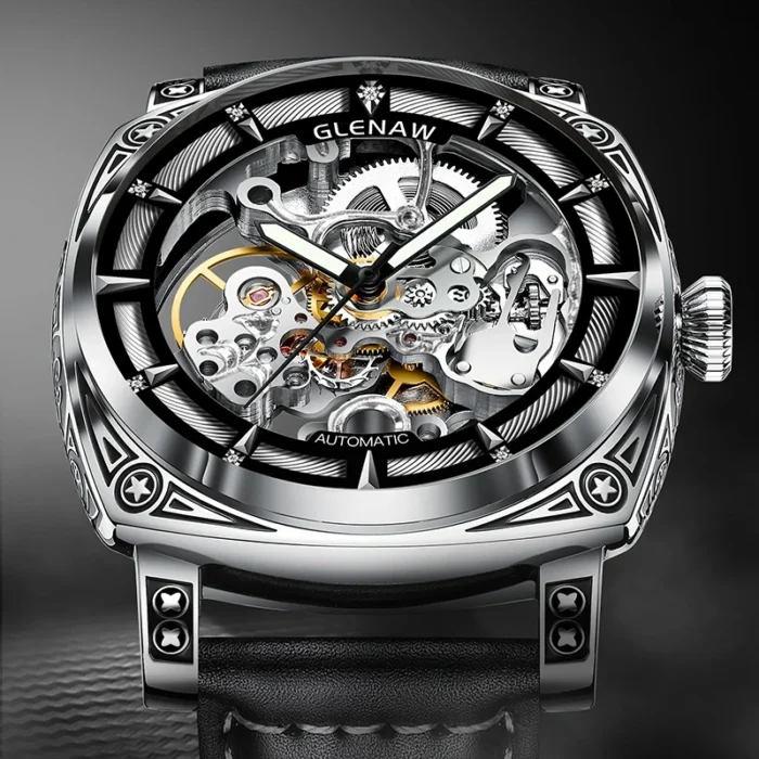 kf-Sccb5be4e41ba4991b5f88bdc4b9d98722.webp Herrenuhr Skelett Automatik mechanisch Edelstahl Mineralglas Kunstlederband 3ATM – Bild 1