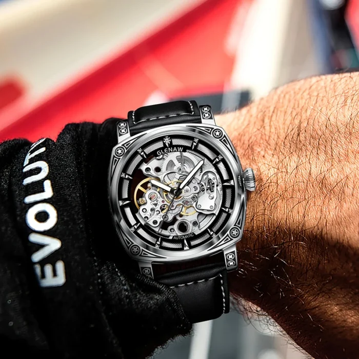 Herrenuhr Skelett Automatik mechanisch Edelstahl Mineralglas Kunstlederband 3ATM – Bild 3