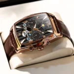 Herrenuhr Automatik Mechanisch Skelett Lederband 45mm Gold Silber Business