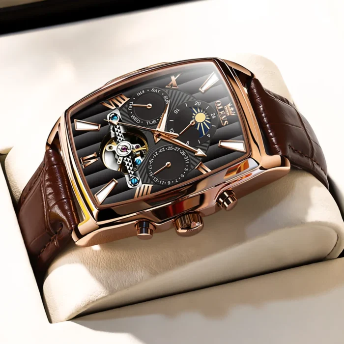 Herrenuhr Automatik Mechanisch Skelett Lederband 45mm Gold Silber Business – Bild 1