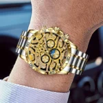 Herren Automatik Skelett Uhr Edelstahlband Vergoldetes Gehäuse Leuchtzeiger 43mm – Bild 5