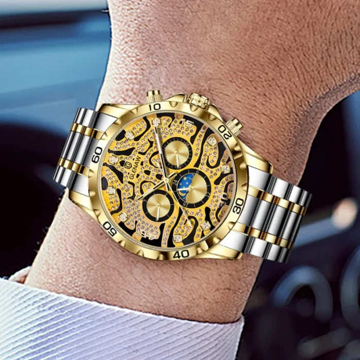 Herren Automatik Skelett Uhr Edelstahlband Vergoldetes Gehäuse Leuchtzeiger 43mm – Bild 5