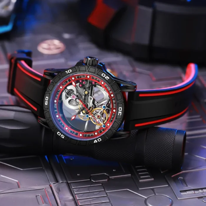 Herrenuhr Automatik Skelettuhr Edelstahl Gummiarmband Leuchtzeiger 44 mm – Bild 3