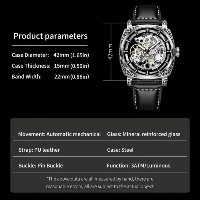 Herrenuhr Skelett Automatik mechanisch Edelstahl Mineralglas Kunstlederband 3ATM – Bild 6