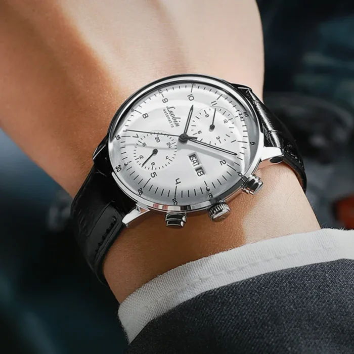 Herrenuhr f. Herren Automatik Chronograph Edelstahl Lederarmband Leuchtend – Bild 4