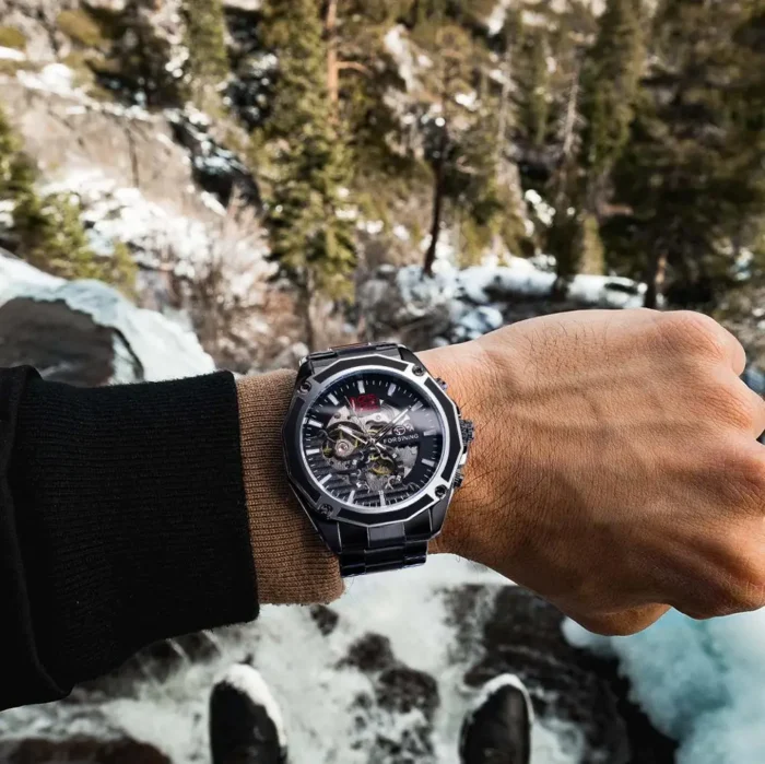 FORSINING GMT1183-4 Automatik Skelettuhr Herren Schwarz Stahl Mesh Skeleton Mechanical Sport Military Luxus – Bild 5