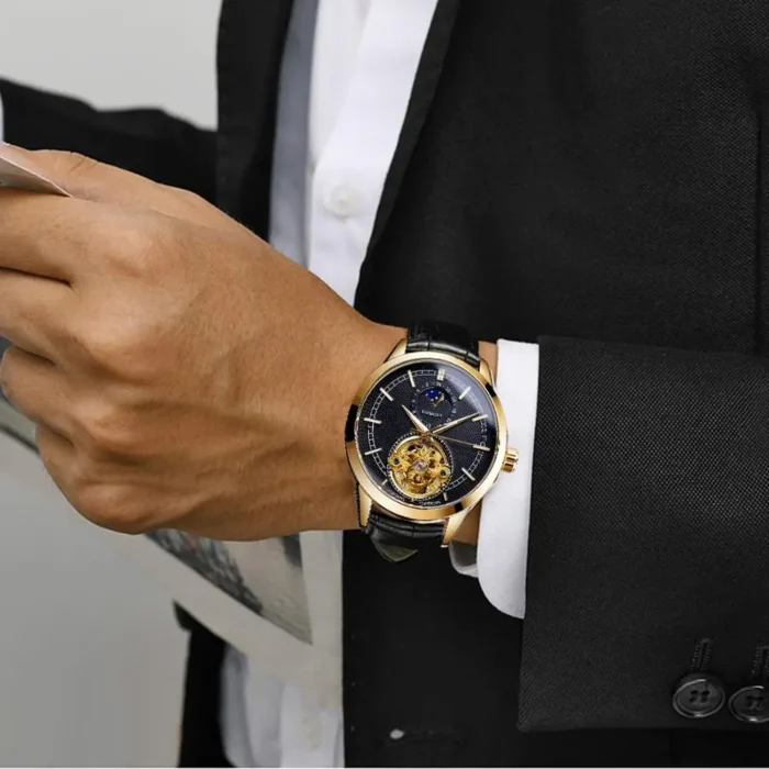 Skeleton Automatik Herrenuhr Mondphase Lederarmband 43mm Edelstahl Gehärtetes Glas – Bild 5