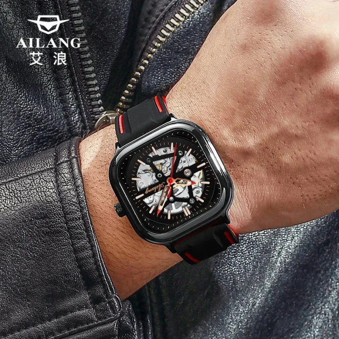 Herrenuhr f. AILANG Automatik Skeleton Quadrat Wasserdicht Schwarz – Bild 2