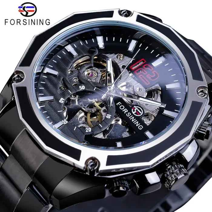 FORSINING GMT1183-4 Automatik Skelettuhr Herren Schwarz Stahl Mesh Skeleton Mechanical Sport Military Luxus – Bild 1