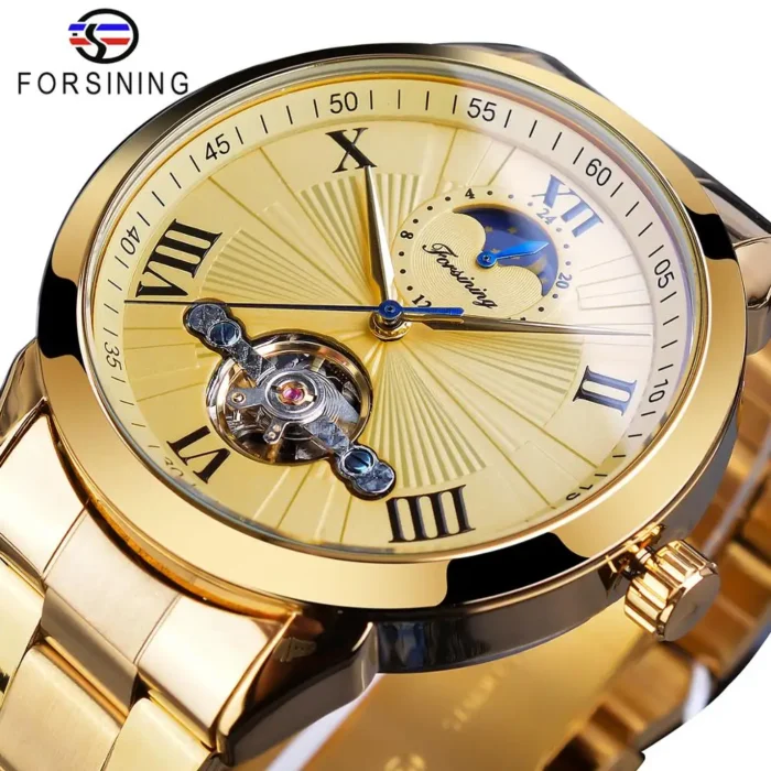 Automatik Herrenuhr Gold PVD Skeleton Mondphase Edelstahl 43mm wasserabweisend – Bild 1