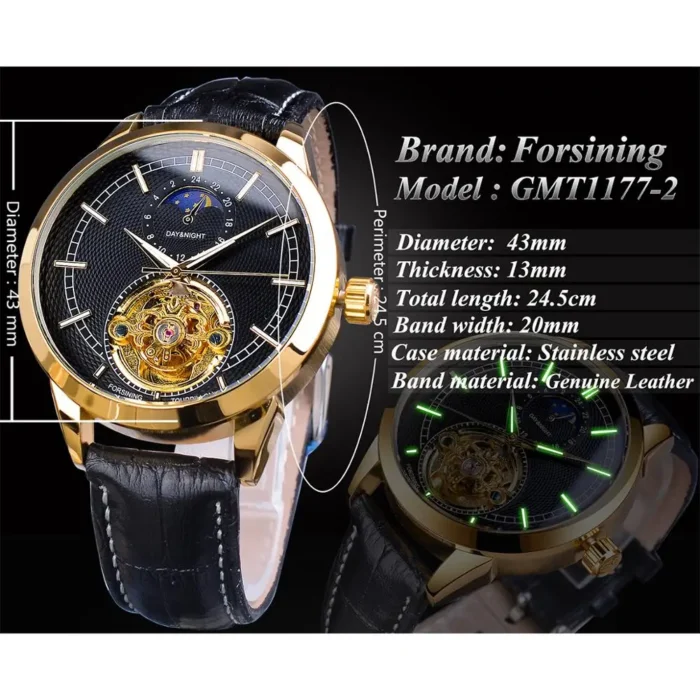 Skeleton Automatik Herrenuhr Mondphase Lederarmband 43mm Edelstahl Gehärtetes Glas – Bild 3