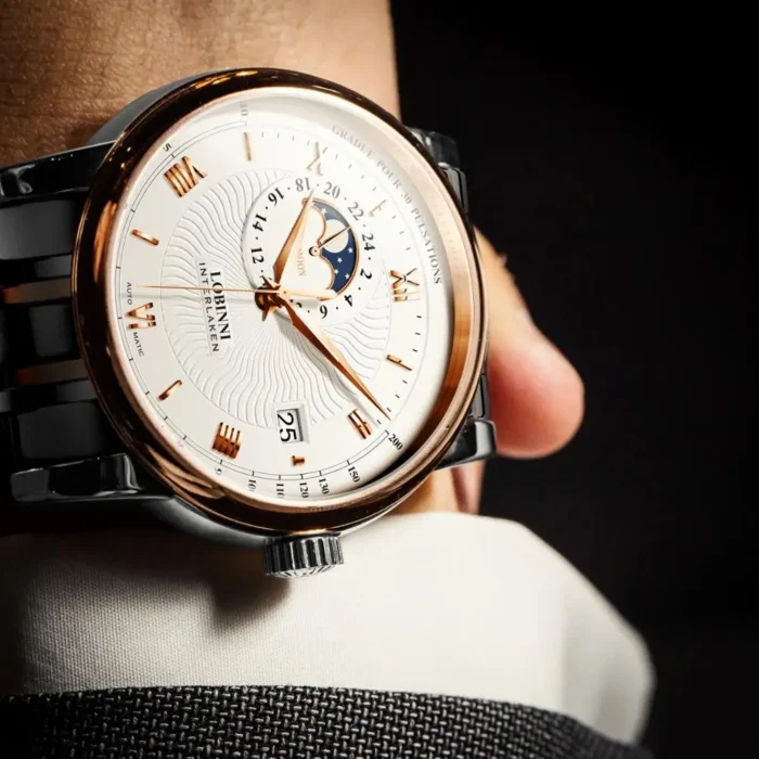 Herrenuhr Automatik Mondphase Saphirglas 42mm 50m wasserdicht Tachymeter Leder – Bild 6