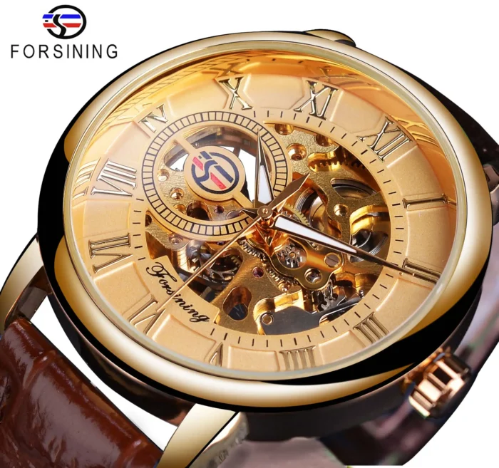 FORSINING Mechanische Skeleton Herrenuhr Gold Römische Ziffern Handaufzug Ultra Dünn Lederarmband Business Dress Gentleman – Bild 1