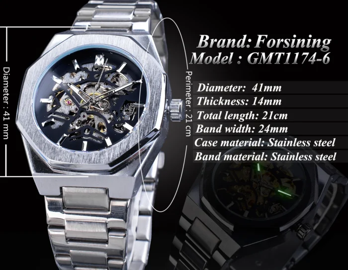 Forsining Skelettuhr Automatik Herren Glasboden Mechanisch Edelstahl + Geschenkbox – Bild 3