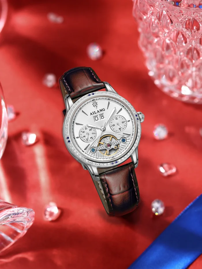 Damen Automatik Uhr AILANG Roségold Lederarmband Skelett Zifferblatt – Bild 4