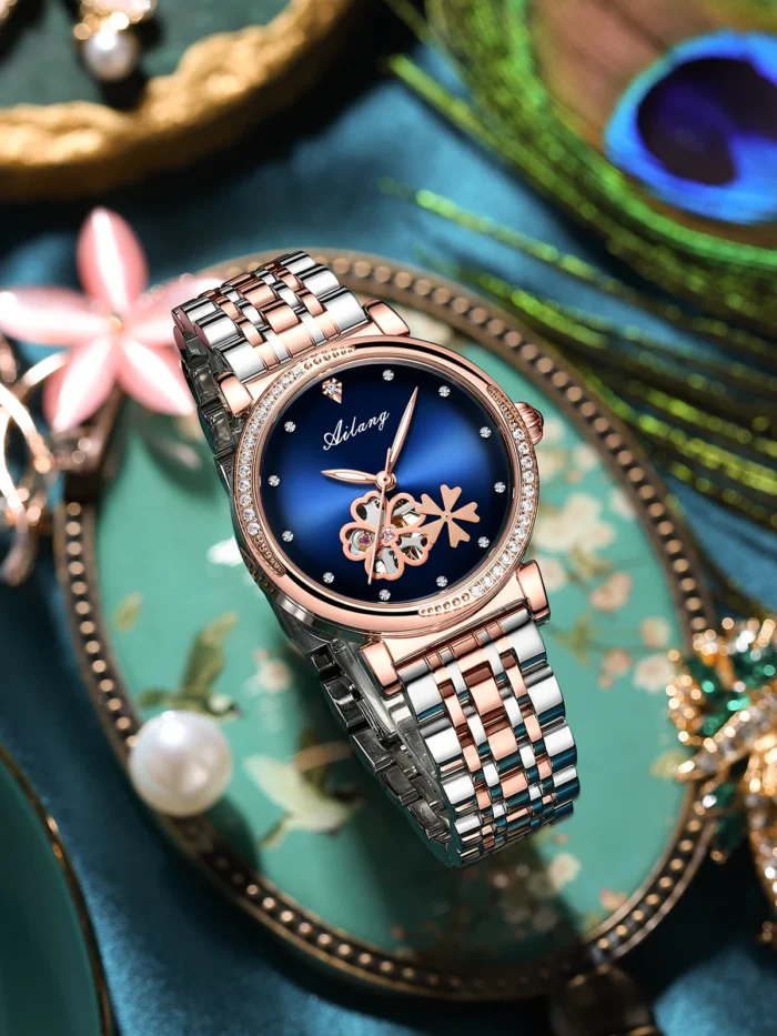 Damen Automatik Uhr f. AILANG Perlmutt Zifferblatt Lederarmband – Bild 5