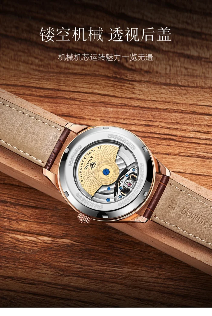 Herrenuhr Automatik f. AILANG Skelett Mondphase Leder 41mm wasserdicht – Bild 5