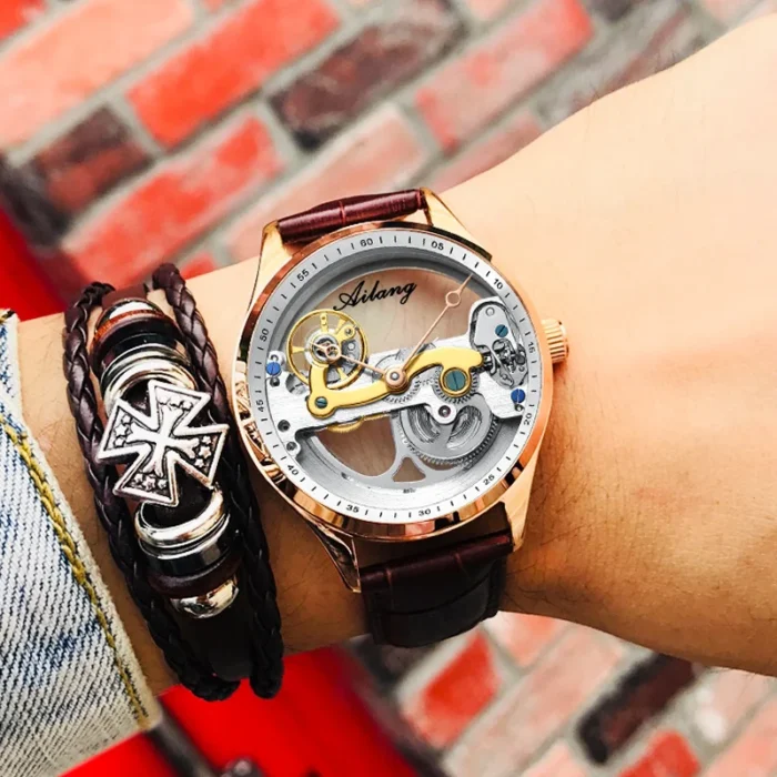 Automatik Uhr Herren f. AILANG Skelett Lederarmband 41mm wasserdicht – Bild 3